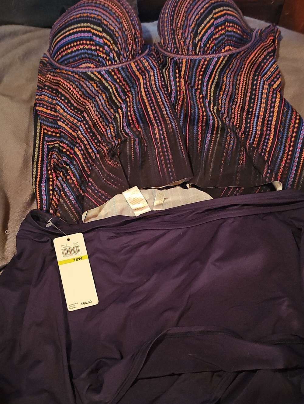 Solid Navy High-Waist Skirt Swim Bottoms And Stripped Top